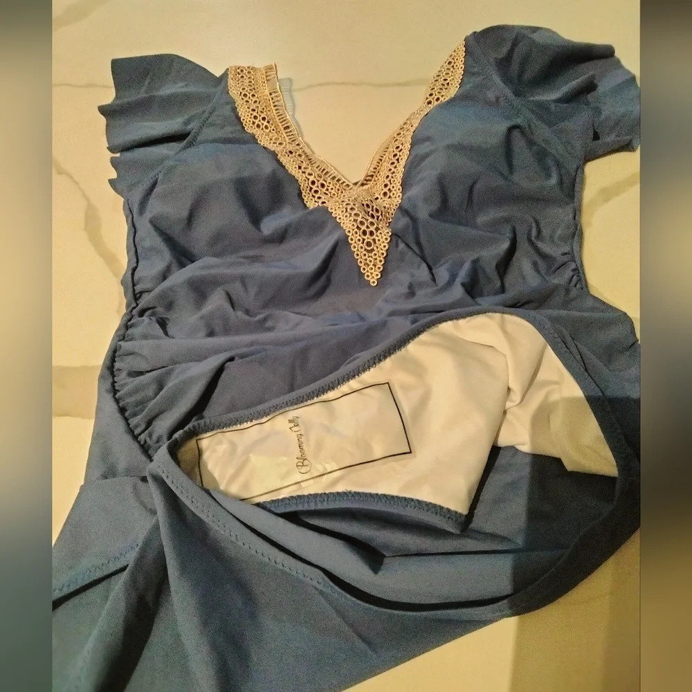 Tummy Control Bathing Suit Slimming‎ Ruffle  One Piece Lace blue SZ M NWOT